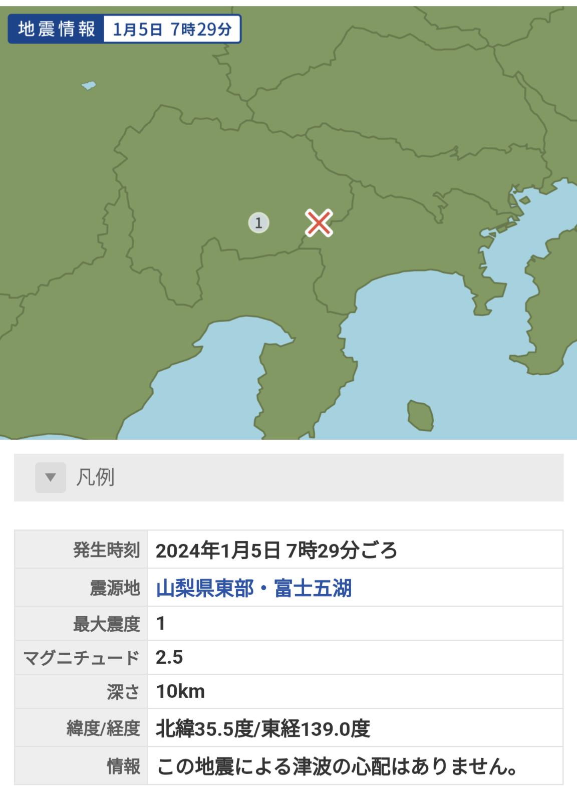 震源地富士五湖、深さ10km