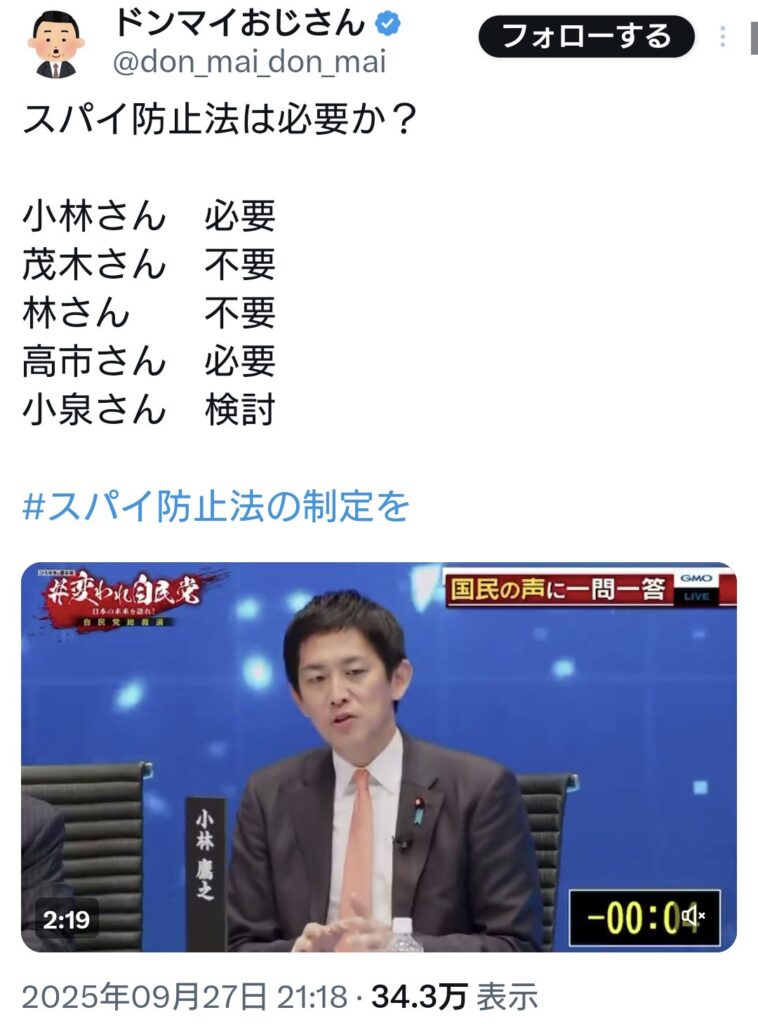 スパイ防止法は必要か？　→小林、高市：必要　　茂木、林：不要　　小泉：検討