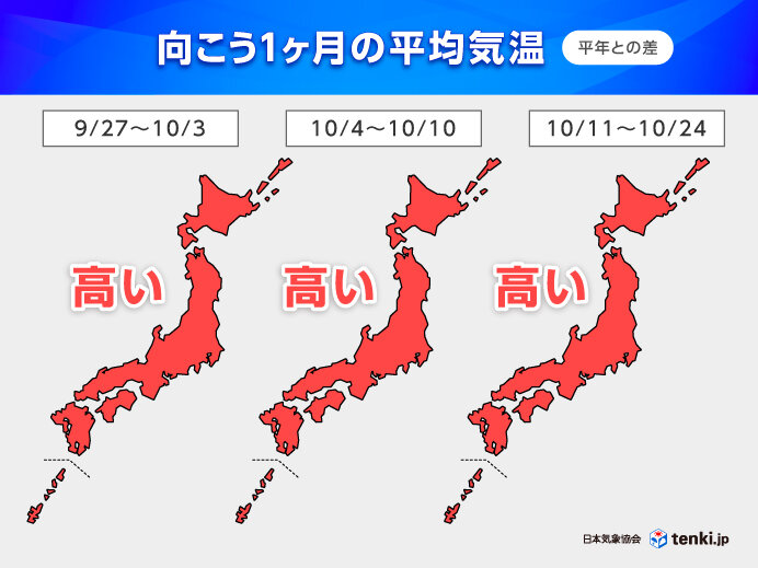 【気象】10月上旬は10年に一度レベルの高温　全国的に気温高く秋の深まり遅い　1か月予報
