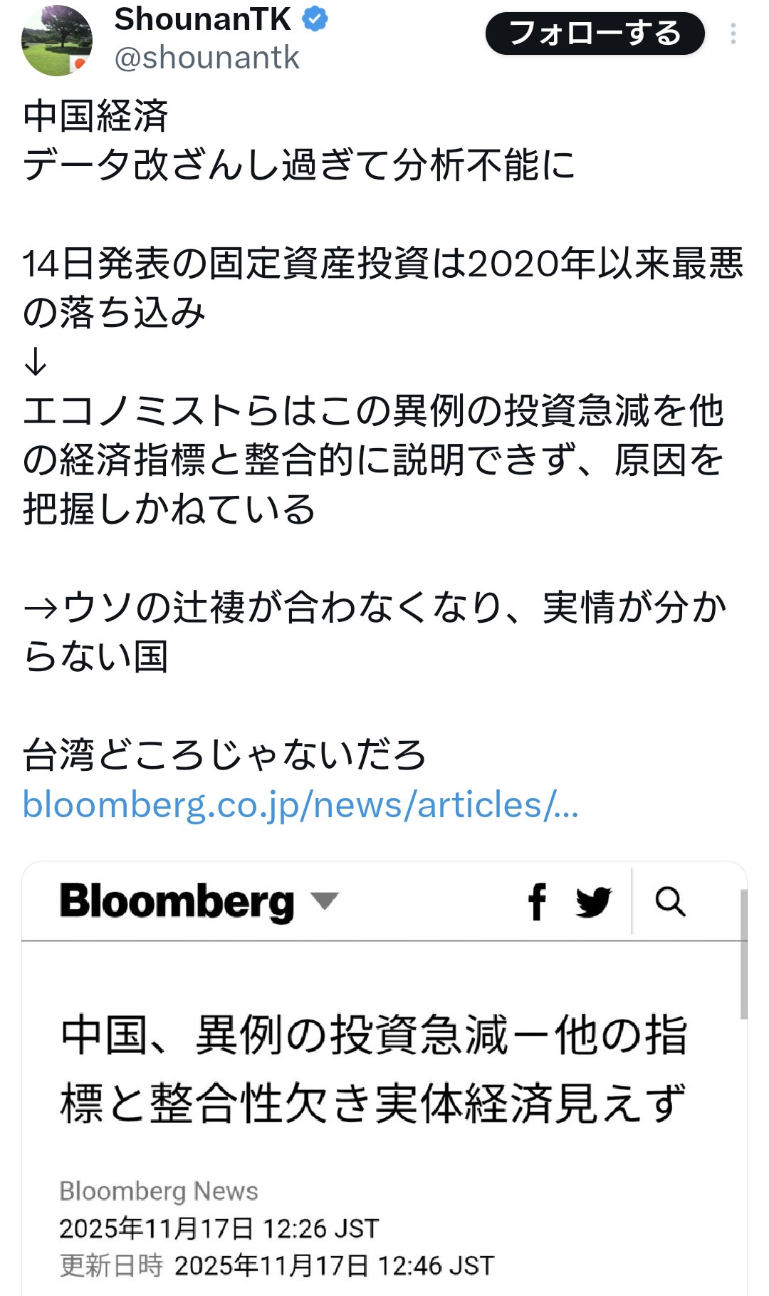 中国、異例の投資急減-他の指標と整合性欠き実体経済見えず。データ改ざんし過ぎて分析不能に